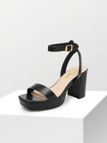 Women Chunky High Heeled Sandals, Adjustable Buckle Decor Ankle Strap Platform Sandals, Glamorous Open Toe Banquet Heeled Sandals, For School Party Prom, Wedding - 黑色 - 查看 4