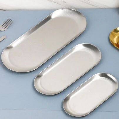 1 件银色不锈钢椭圆形托盘，用于杯子、甜点、珠宝存储、厨房、圣诞礼物