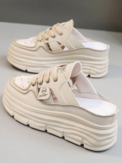 Women's Breathable Platform Mule Sneakers, Casual Cutout Design Lace Up Shoes, Comfortable Summer Shoes