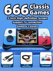 1pc Handheld Game Console, New 3 Inch Color Screen Rechargeable Game Player, Retro Classic 666 Old School Games, Two Players Interactive Gift - Blue Red - View 2