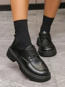 學院牛津鞋適合女士,前綁帶防水台坡跟鞋 - 黑色 - 查看 1