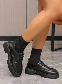 學院牛津鞋適合女士,前綁帶防水台坡跟鞋 - 黑色 - 查看 2