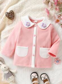 时尚柔软舒适女婴可爱保暖夹克，带彼得潘领，适合春秋冬季 - 粉色 - 查看 1