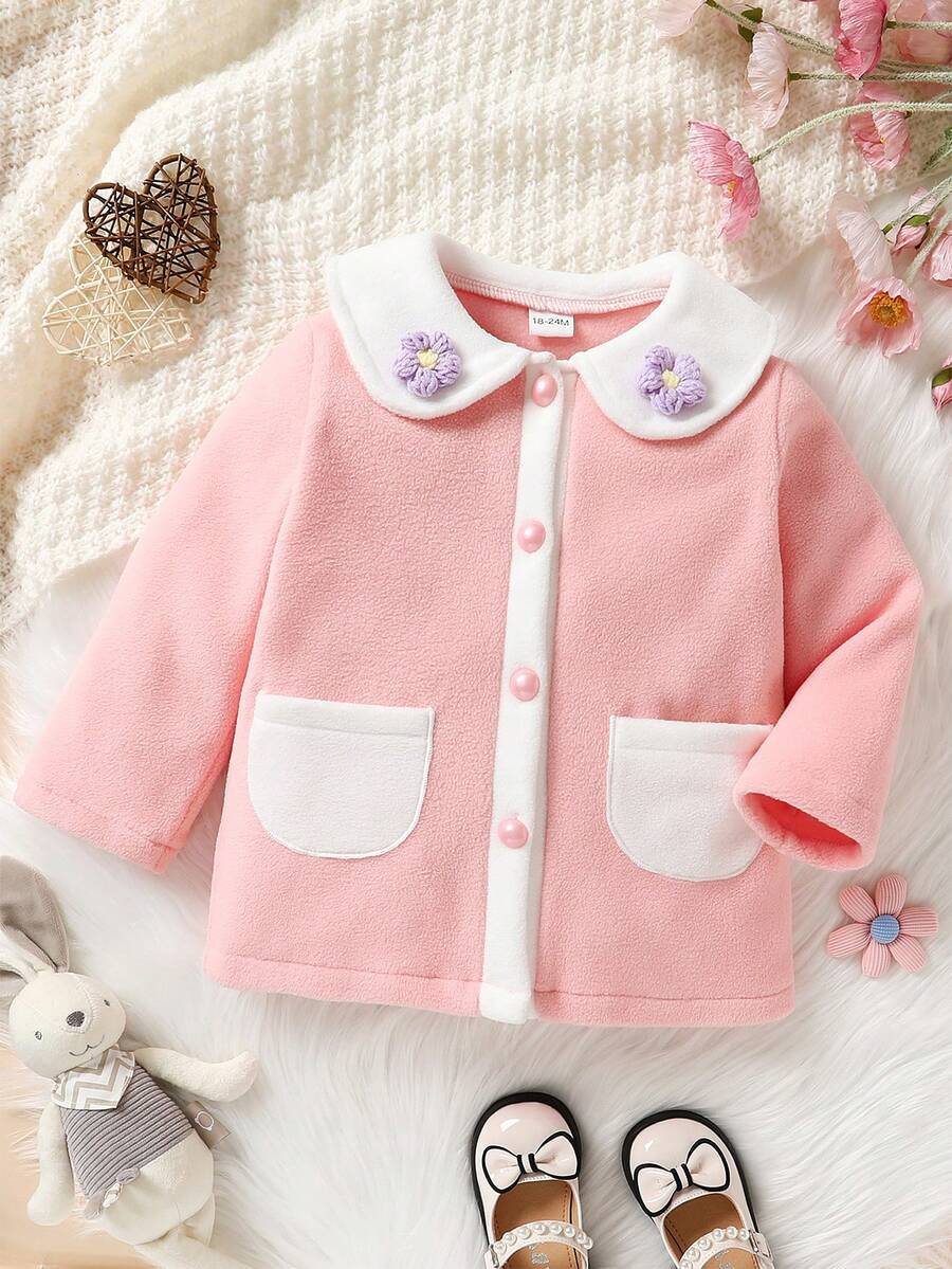时尚柔软舒适女婴可爱保暖夹克，带彼得潘领，适合春秋冬季 - 粉色 - 查看 1