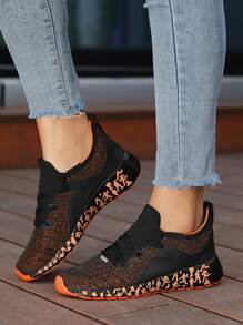 Women's Lightweight Breathable Sport Shoes, Fashionable Casual Sport Pattern Soft Running Sneakers, Black & Orange