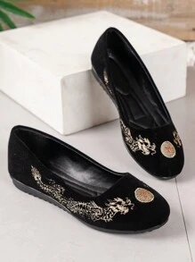 Của phụ nữ Chóp giầy tròn Thêu Giày búp bê  Mary Jane , Giải trí Giày lười Giày dép - màu đen - Xem 5