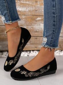 Của phụ nữ Chóp giầy tròn Thêu Giày búp bê  Mary Jane , Giải trí Giày lười Giày dép - màu đen - Xem 3