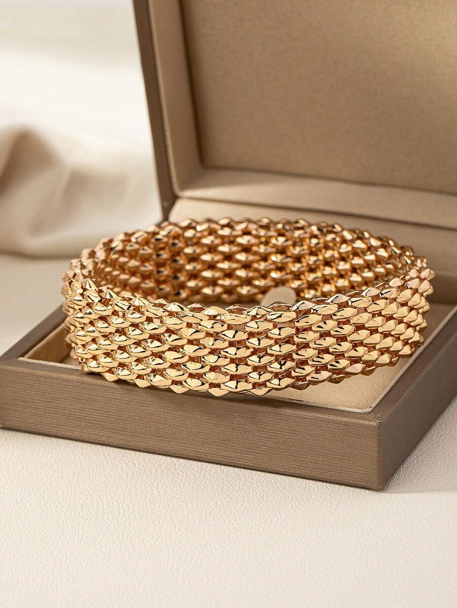 1pc Classic Hand-Woven  Stretch Wide Metallic Bracelet For Daily Party Gift - Yellow Gold - View 1