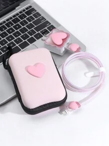 6pcs/Set Pink Heart Shaped Cable Organizer Bag & Earphone Case, Cartoon Cute Portable Data Cable Protector Charger Protector - Pink - View 2