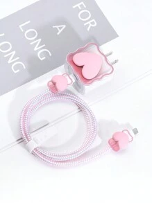 6pcs/Set Pink Heart Shaped Cable Organizer Bag & Earphone Case, Cartoon Cute Portable Data Cable Protector Charger Protector - Pink - View 4