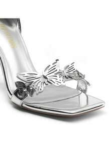 Women Butterfly High Heeled Sandals, Tie Leg Design Stilletos Heels, Sexy Square Toe Summer Heels, For Party Prom Wedding Summer Spring Wearing - Silver - View 2