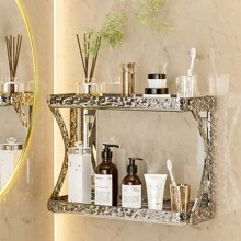 Home Use Punch-Free Bathroom Shelf, Toiletry Rack, Wall Mount For Washroom, Lavatory, Kitchen, Cosmetic Organizer, Dual Layer Desktop Storage - Champagne - View 6