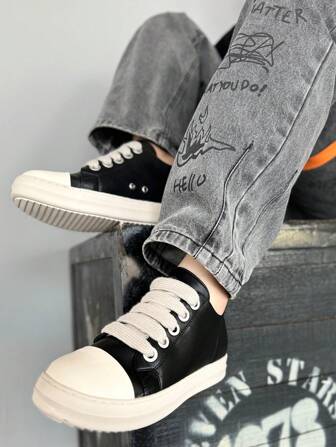 Moda Uomo Sneakers A Piattaforma Nere Con Lacci E Scarpe Sportive Basse E Piatte Unisex Casual Con Punta Rotonda E Suola Antiscivolo