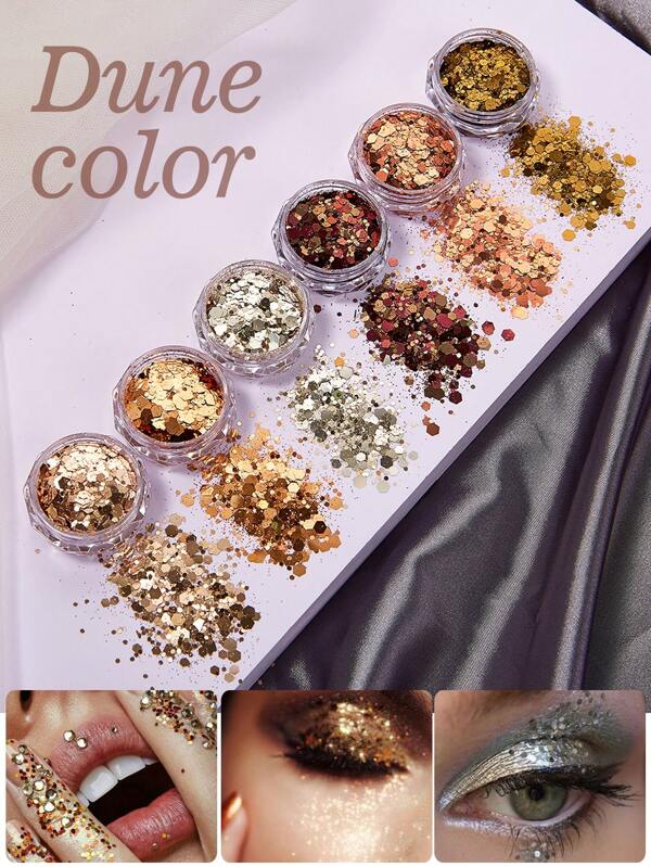 6pcs/Set 6-Color Gradient Glitter Makeup Kit For Women, Holographic Laser Pearlescent Pet Flashes Light Art Mixed Size Glitter Sequin For Eye Shadow, Face, Body, Hair Decoration, Suitable For Home Handicraft, Theme Salon, Music Festival, Date, Anniversary, Birthday Party, Crafts Diy Materials