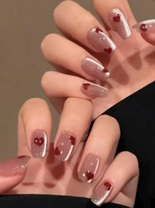 10入組高級私人定制嗨喵眼紅色心形閃粉手工美甲，包含1個膠帶和1個修甲器，貼片美甲補給 - 無色 - 查看 1