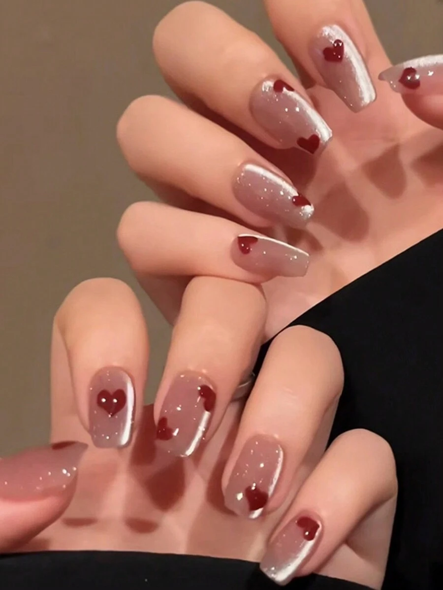 10入組高級私人定制嗨喵眼紅色心形閃粉手工美甲，包含1個膠帶和1個修甲器，貼片美甲補給 - 無色 - 查看 1