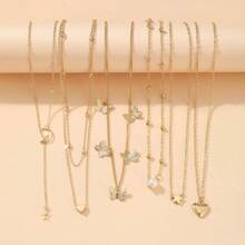 6入組極簡風格的情人節、蝴蝶、星星、月亮和人造珍珠項鍊套裝,適合作為女性約會和度假禮物 - 金黃色 - 查看 1