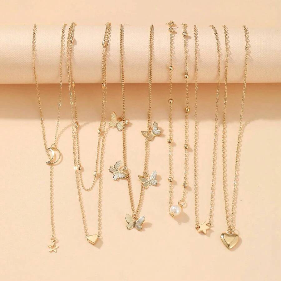 6入組極簡風格的情人節、蝴蝶、星星、月亮和人造珍珠項鍊套裝,適合作為女性約會和度假禮物 - 金黃色 - 查看 1