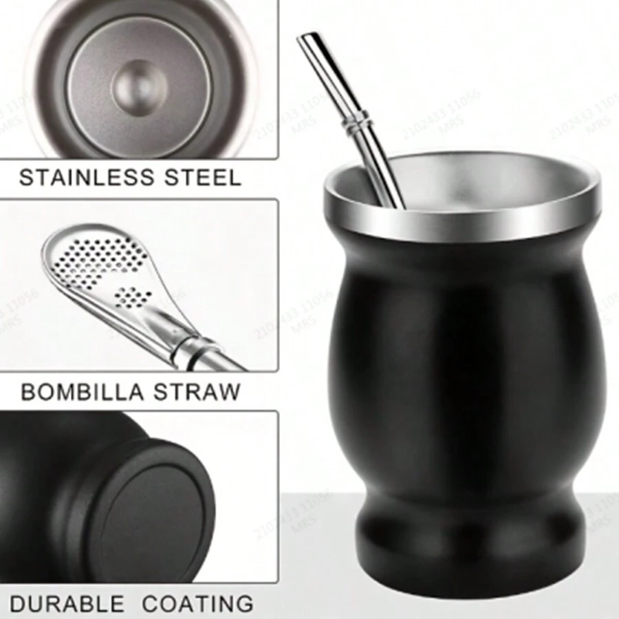 1/2 件阿根廷马黛茶 18/8 不锈钢双层葫芦马黛茶杯 - 黑色 - 查看 1