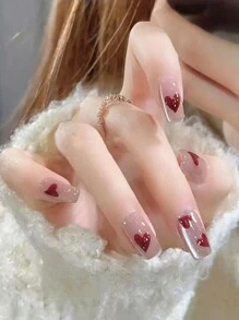 10入組高級私人定制嗨喵眼紅色心形閃粉手工美甲，包含1個膠帶和1個修甲器，貼片美甲補給 - 無色 - 查看 2