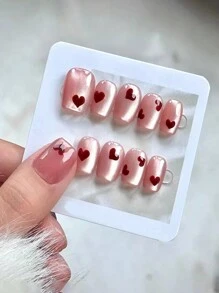 10入組高級私人定制嗨喵眼紅色心形閃粉手工美甲，包含1個膠帶和1個修甲器，貼片美甲補給 - 無色 - 查看 4