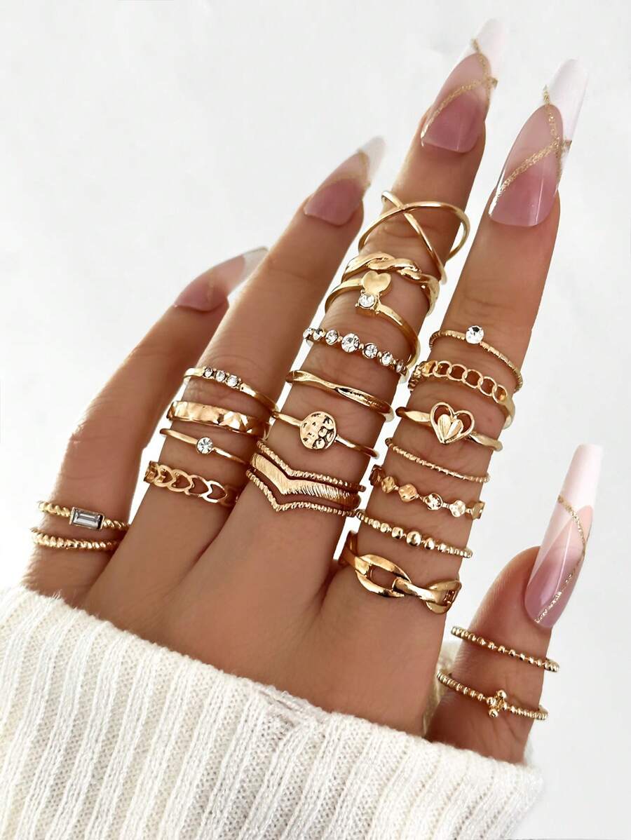 22pcs Diamond Decor Bohemia Style Heart & Geometric Shape Design Ring Set, Perfect For Women's Daily Wear - Gold - View 1