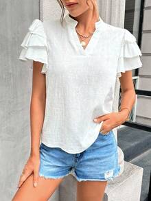 Blusa Blanca De Manga Corta Con Volantes Elegante Para Mujer - Blanco - Ver 3