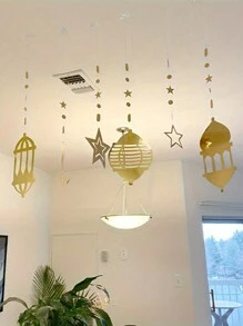 24/18/12/6 pezzi Decorazioni appese a forma di lanterna con stelle e mezzalune dorate per Eid Mubarak, ghirlanda appesa a tema Ramadan, sfondo per festival, matrimoni, forniture per feste - Dorato - Visualizzare 2