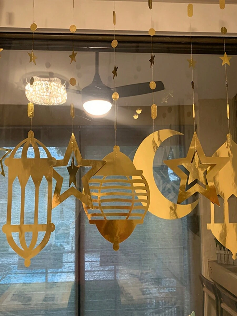 24/18/12/6 pezzi Decorazioni appese a forma di lanterna con stelle e mezzalune dorate per Eid Mubarak, ghirlanda appesa a tema Ramadan, sfondo per festival, matrimoni, forniture per feste - Dorato - Visualizzare 1