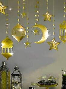 24/18/12/6 pezzi Decorazioni appese a forma di lanterna con stelle e mezzalune dorate per Eid Mubarak, ghirlanda appesa a tema Ramadan, sfondo per festival, matrimoni, forniture per feste - Dorato - Visualizzare 4