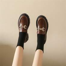 英倫風女加厚底一腳蹬樂福鞋法式復古時尚粗跟日常穿 - 棕色 - 查看 3