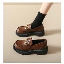 英倫風女加厚底一腳蹬樂福鞋法式復古時尚粗跟日常穿 - 棕色 - 查看 7