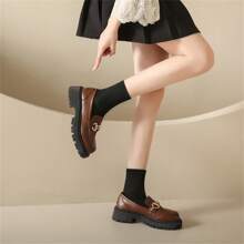 英倫風女加厚底一腳蹬樂福鞋法式復古時尚粗跟日常穿 - 棕色 - 查看 6