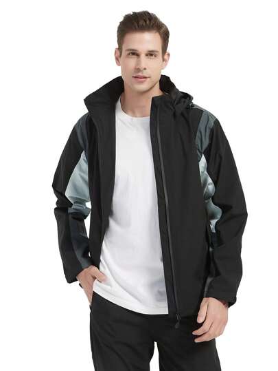 1 件男款防水防風拼色連帽外套適合雨季健行、露營、騎自行車等戶外活動健身服飾男春季上衣
