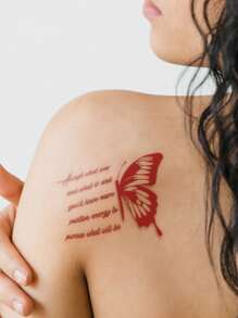 STARTTOOS 1 Pieza Tatuaje Temporal Con Diseño De Mariposa Y Letras Para Brazo, Pecho, Abdomen Y Espalda - Rojo - Ver 2