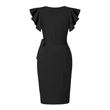 Black V-Neck Knee-Length Dress, Lumbar Strap Design, Suitable For Work, Daily, Wedding - Black - View 4