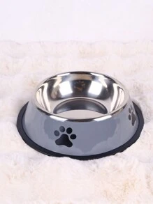 1pc Pet Bowl With Stainless Steel Paw Print Design, Large Capacity For Feeding Water Or Food To Dogs And Other Pets, Suitable For Medium And - Dark Grey - View 2