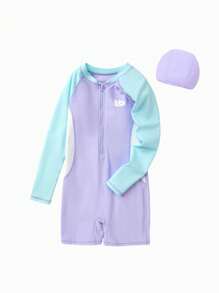 Balabala Tween Girl Summer High Elastic Comfortable Sun Protection One-Piece Swimsuit With Swimming Cap 2 Piece Set