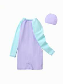 Balabala Tween Girl Summer High Elastic Comfortable Sun Protection One-Piece Swimsuit With Swimming Cap 2 Piece Set