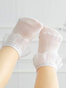 1 双女孩柔软透气蕾丝边公主风格袜子，适合生日派对、休闲度假、日常穿着 - 白色 - 查看 1
