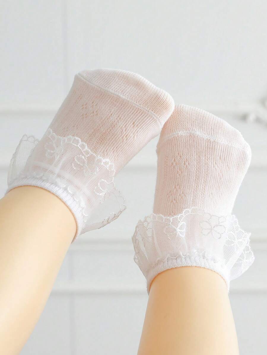 1 双女孩柔软透气蕾丝边公主风格袜子，适合生日派对、休闲度假、日常穿着 - 白色 - 查看 1