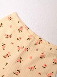 年輕女孩花卉印花秋裝睡衣套裝，帶蕾絲細節，適用於春秋季節 - 米色 - 查看 6