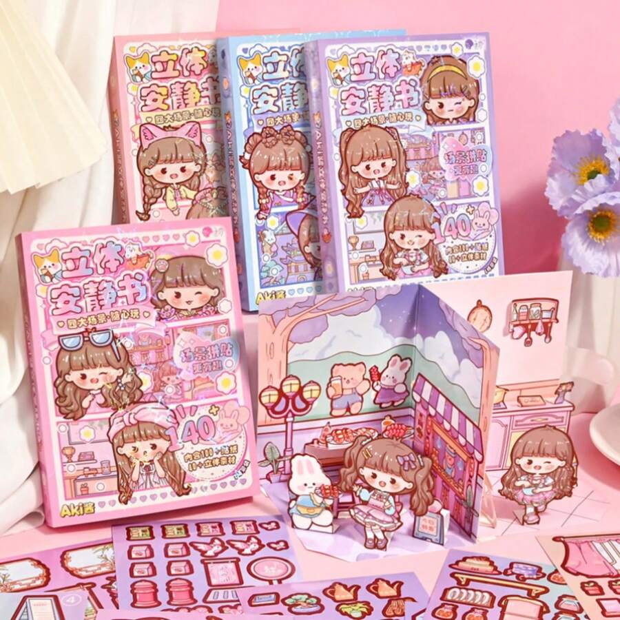 1 件閃亮安靜書卡通女孩人物 3d Diy 創意裝扮手工材料浮雕繪畫 - 彩色 - 查看 1