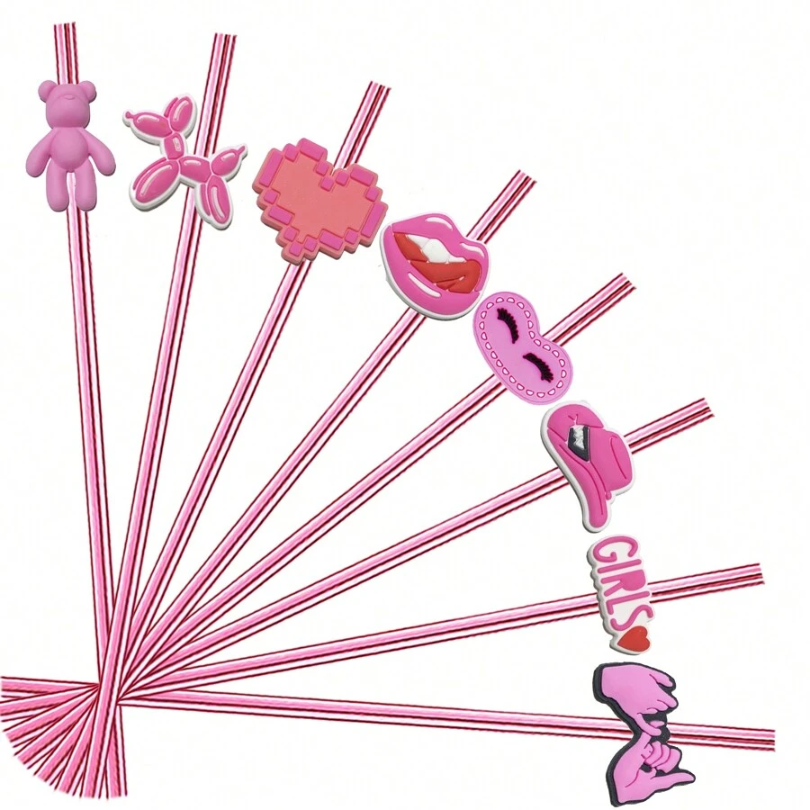 24pcs Pink Party Decorations Set Including Reusable Straight Straws, 8