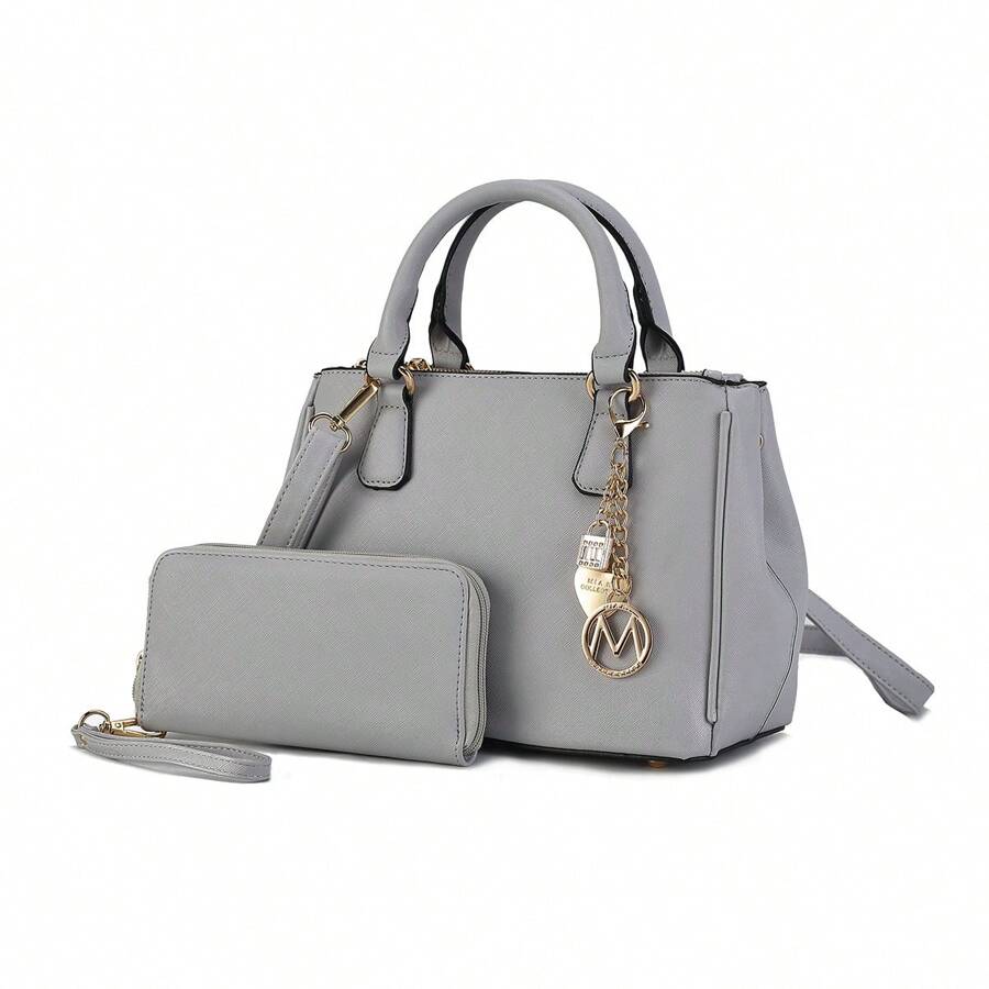MKF Collection Ruth 2Pcs Set Vegan Leather Women's Satchel Bag With Wallet, Ladies Square Bag Perfect For Work By Mia K - Light Grey - View 1