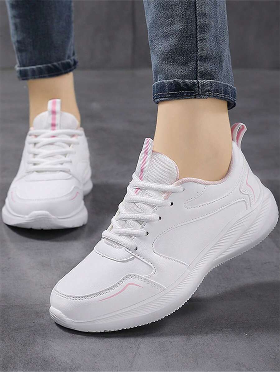 青年运动鞋女跑步鞋春秋真皮平底休闲旅游女鞋春秋透气轻便妈妈运动鞋中老年软底徒步休闲旅游鞋 - 白色 - 查看 1