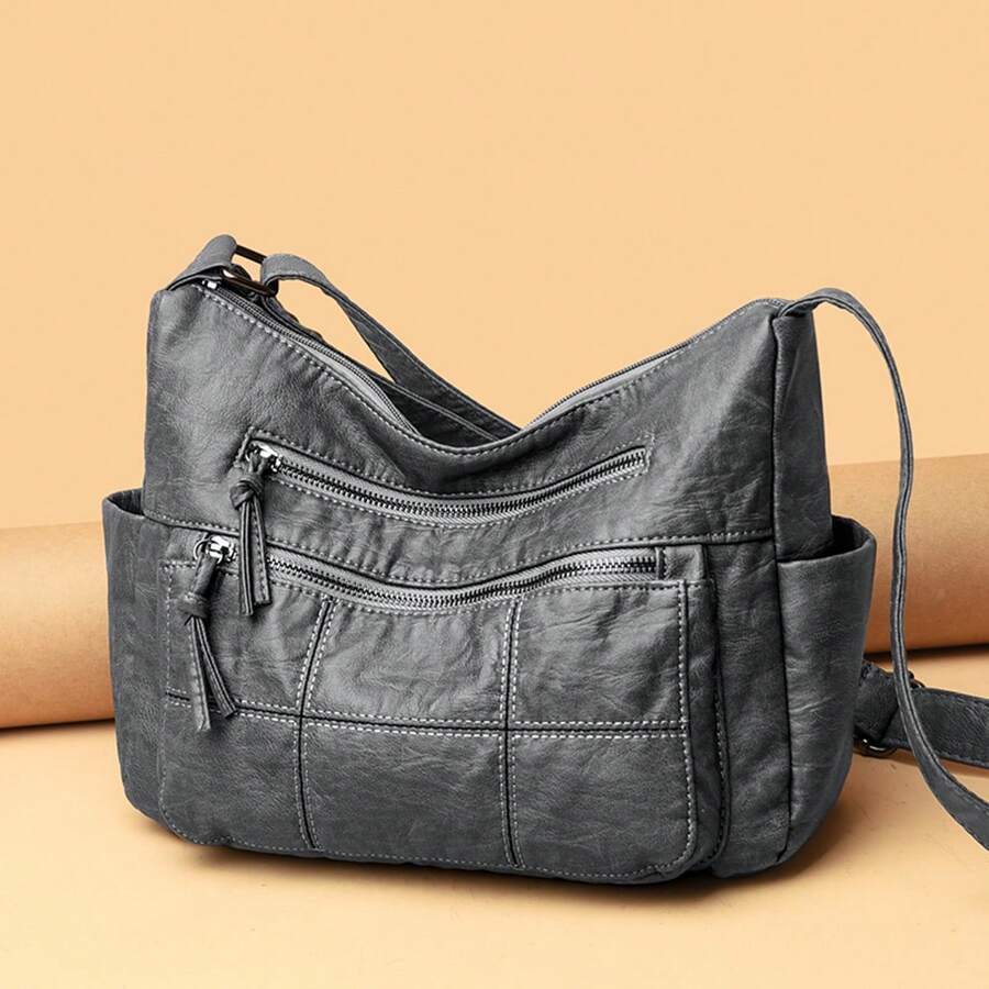 Solid Color Embroidery Detail Women's Shoulder Crossbody Bag