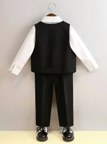 青年男孩4件裝正式西裝套裝,包括背心、外套、襯衫、褲子和蝴蝶結,適用於春季 - 黑色 - 查看 3