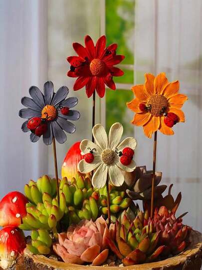 4pcs Resin Hand Painted Chrysanthemum Garden Flower Pot Decoration With Rich Colors, Cute Ladybug & Sunflower Garden Flower Pot Decoration