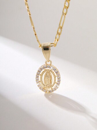 1入時尚簡約閃亮銅質聖母項鍊,適合作為禮物、情侶、朋友、摯友；適合日常、節日穿戴和